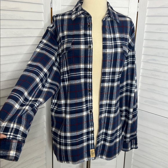 Rolling Stones Red White Blue Plaid Flannel Graphic DIY Shirt Upcycled Band Tee - Picture 7 of 11